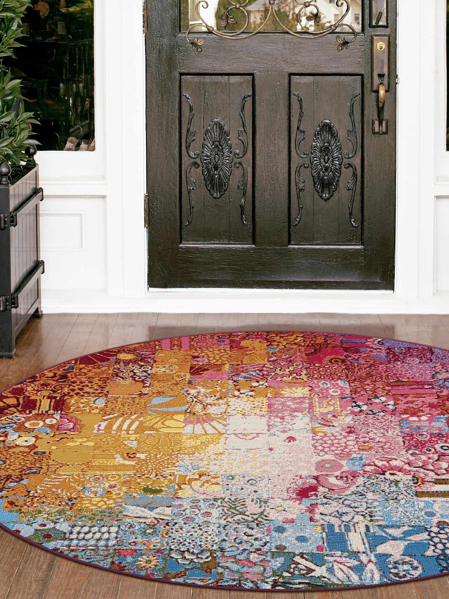 Multicolor 5' 1 x 5' 1 Outdoor Modern Round Area Rug Weather Resistant for Patio, Deck, Terrace, Balcony, Porch 100% Polypropylene Modern Outside Carpet for Sale at Rug Engine