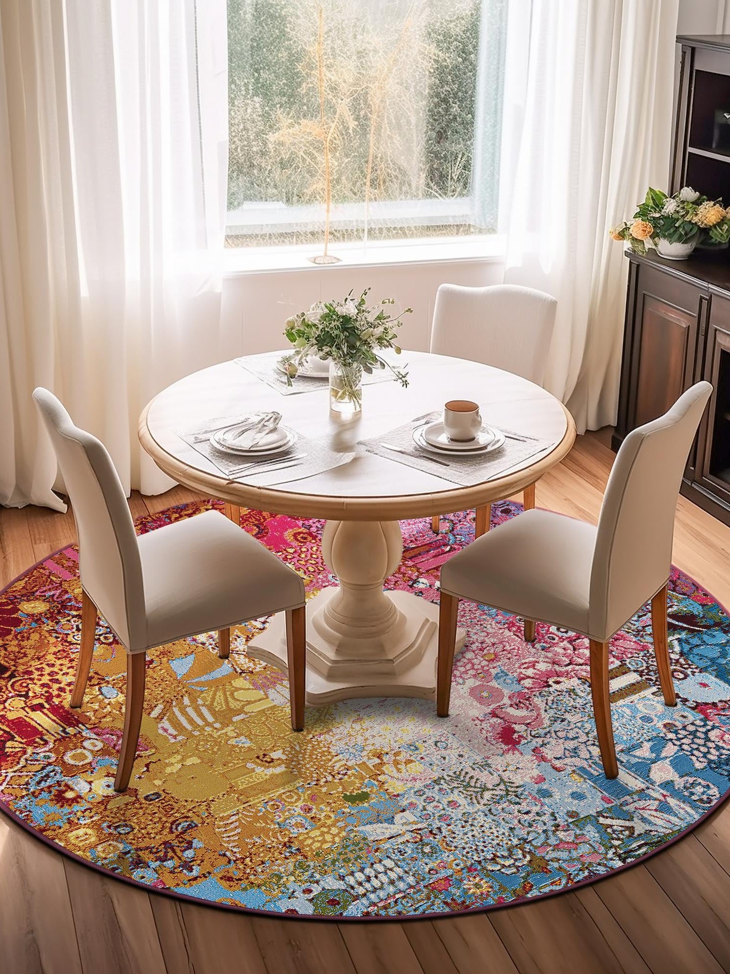 Multicolor 5' 1 x 5' 1 Outdoor Modern Round Area Rug Weather Resistant for Patio, Deck, Terrace, Balcony, Porch 100% Polypropylene Modern Outside Carpet for Sale at Rug Engine