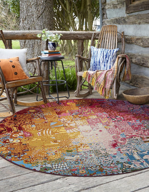 Multicolor 8' x 8' Outdoor Modern Round Area Rug Weather Resistant for Patio, Deck, Terrace, Balcony, Porch 100% Polypropylene Modern Outside Carpet for Sale at Rug Engine