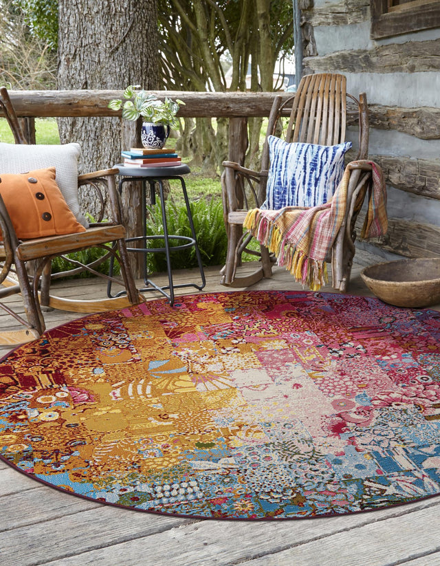 Multicolor 8' x 8' Outdoor Modern Round Area Rug Weather Resistant for Patio, Deck, Terrace, Balcony, Porch 100% Polypropylene Modern Outside Carpet for Sale at Rug Engine