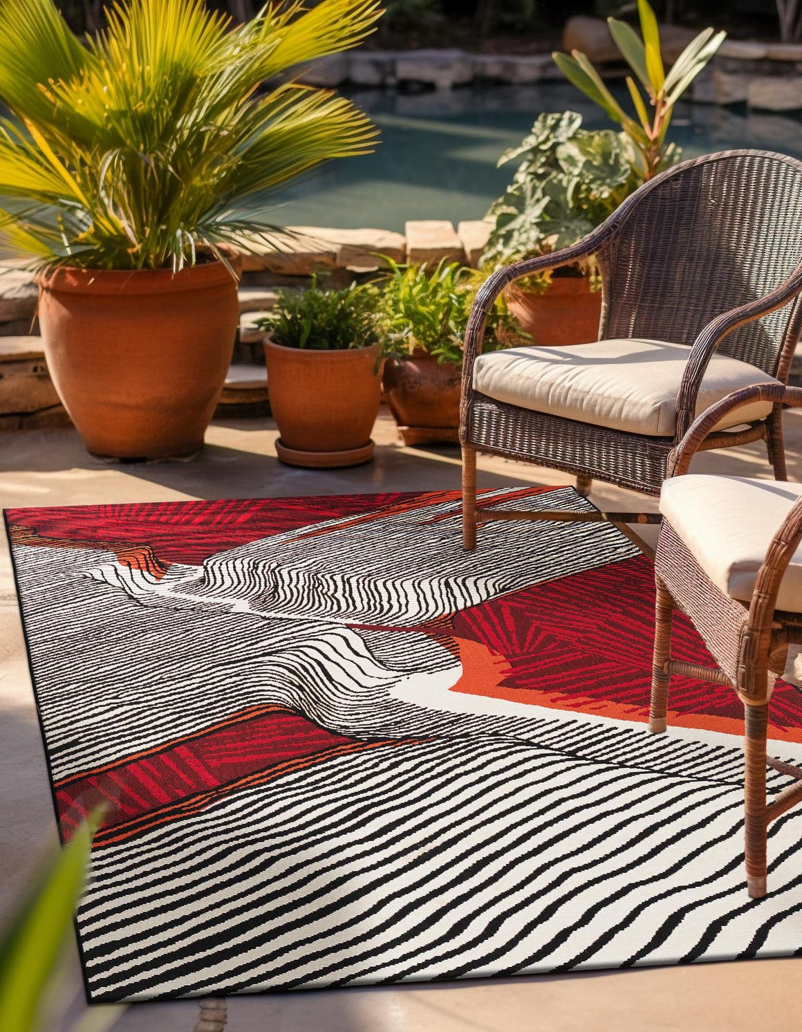 Red and Black 8' x 10' Outdoor Modern Rectangle Area Rug Weather Resistant for Patio, Deck, Terrace, Balcony, Porch 100% Polypropylene Modern Outside Carpet for Sale at Rug Engine