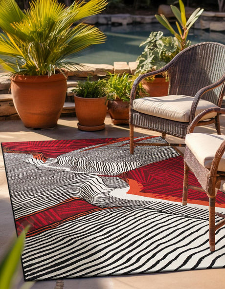 Red and Black 5' 1 x 7' 1 Outdoor Modern Rectangle Rug
