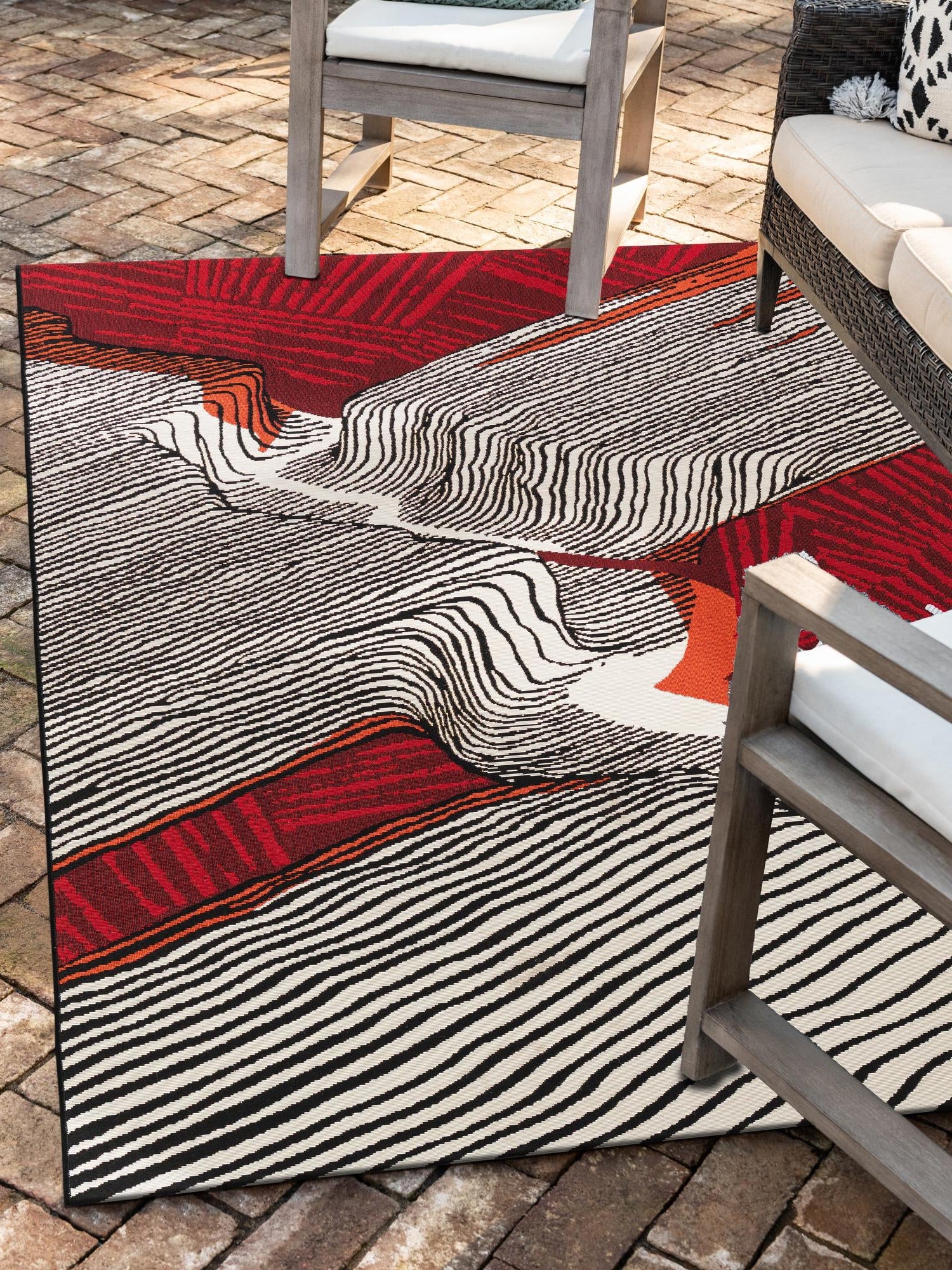 Red and Black 5' 1 x 7' 1 Outdoor Modern Rectangle Area Rug Weather Resistant for Patio, Deck, Terrace, Balcony, Porch 100% Polypropylene Modern Outside Carpet for Sale at Rug Engine