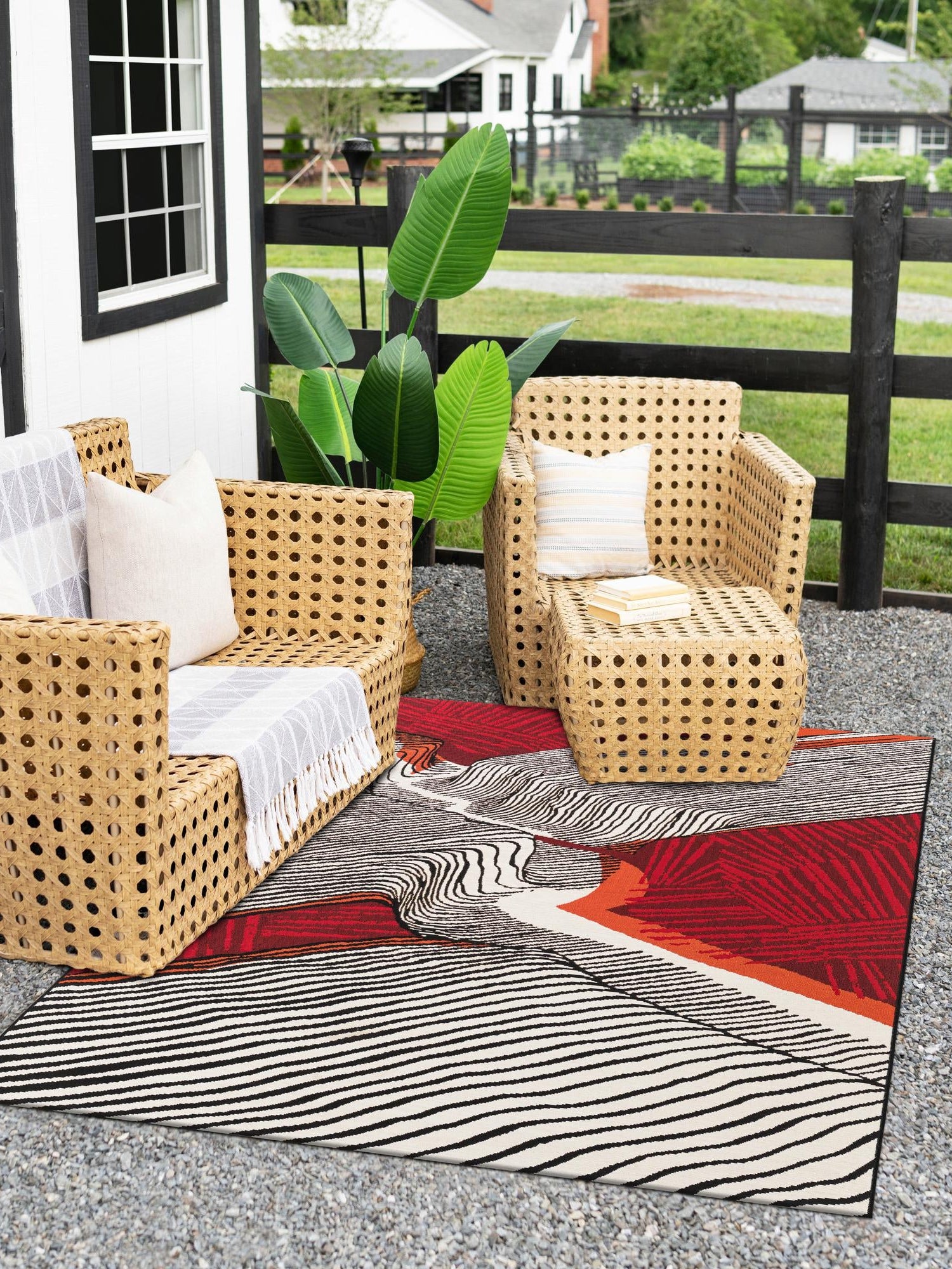 Red and Black 8' x 10' Outdoor Modern Rectangle Area Rug Weather Resistant for Patio, Deck, Terrace, Balcony, Porch 100% Polypropylene Modern Outside Carpet for Sale at Rug Engine