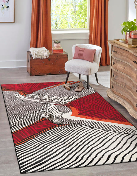 Red and Black 5' 1 x 7' 1 Outdoor Modern Rectangle Area Rug Weather Resistant for Patio, Deck, Terrace, Balcony, Porch 100% Polypropylene Modern Outside Carpet for Sale at Rug Engine