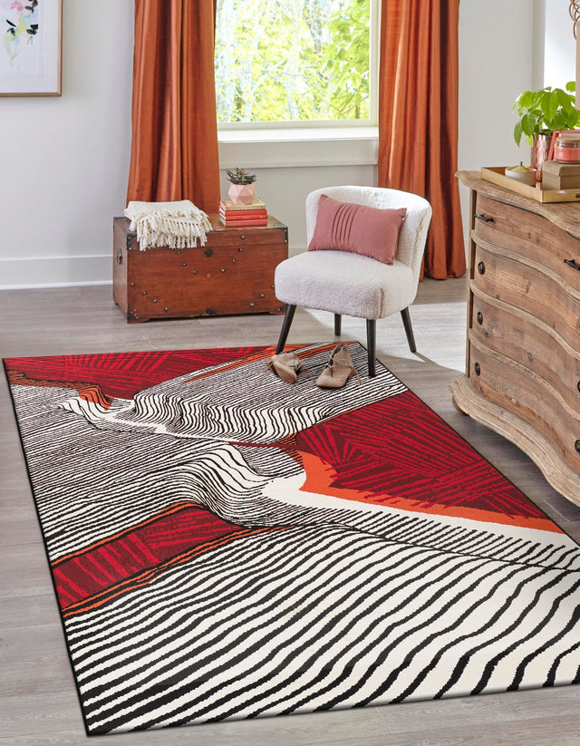 Red and Black 5' 1 x 7' 1 Outdoor Modern Rectangle Rug