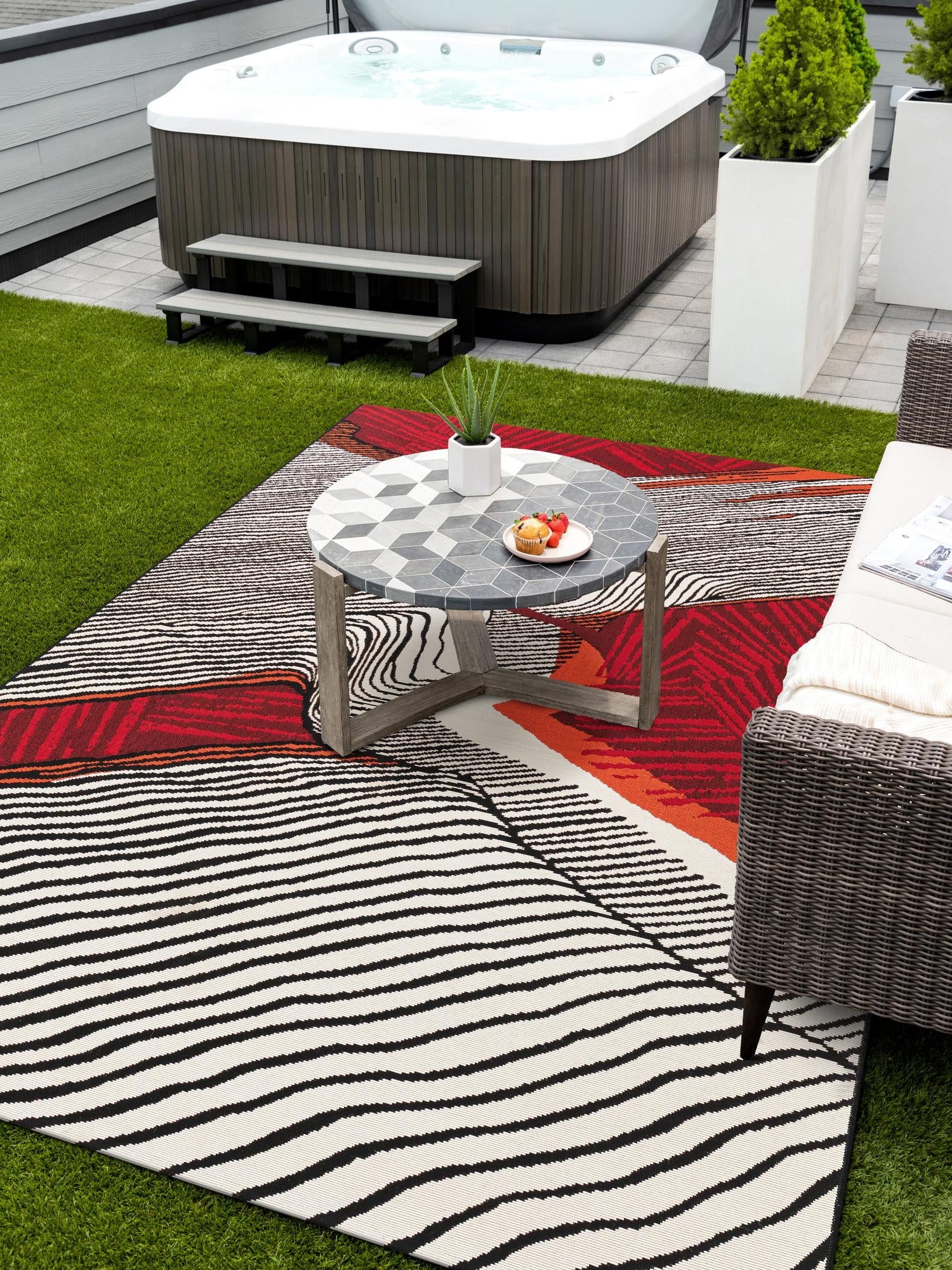 Red and Black 4' 1 x 6' 1 Outdoor Modern Rectangle Area Rug Weather Resistant for Patio, Deck, Terrace, Balcony, Porch 100% Polypropylene Modern Outside Carpet for Sale at Rug Engine