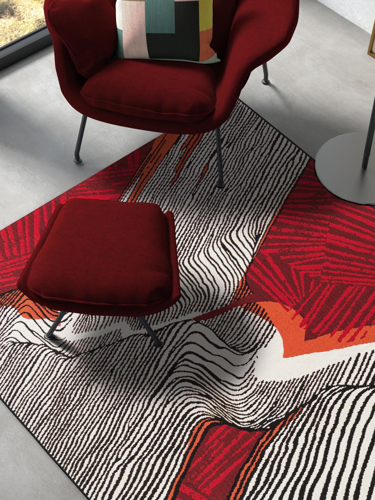 Red and Black 8' x 10' Outdoor Modern Rectangle Area Rug Weather Resistant for Patio, Deck, Terrace, Balcony, Porch 100% Polypropylene Modern Outside Carpet for Sale at Rug Engine
