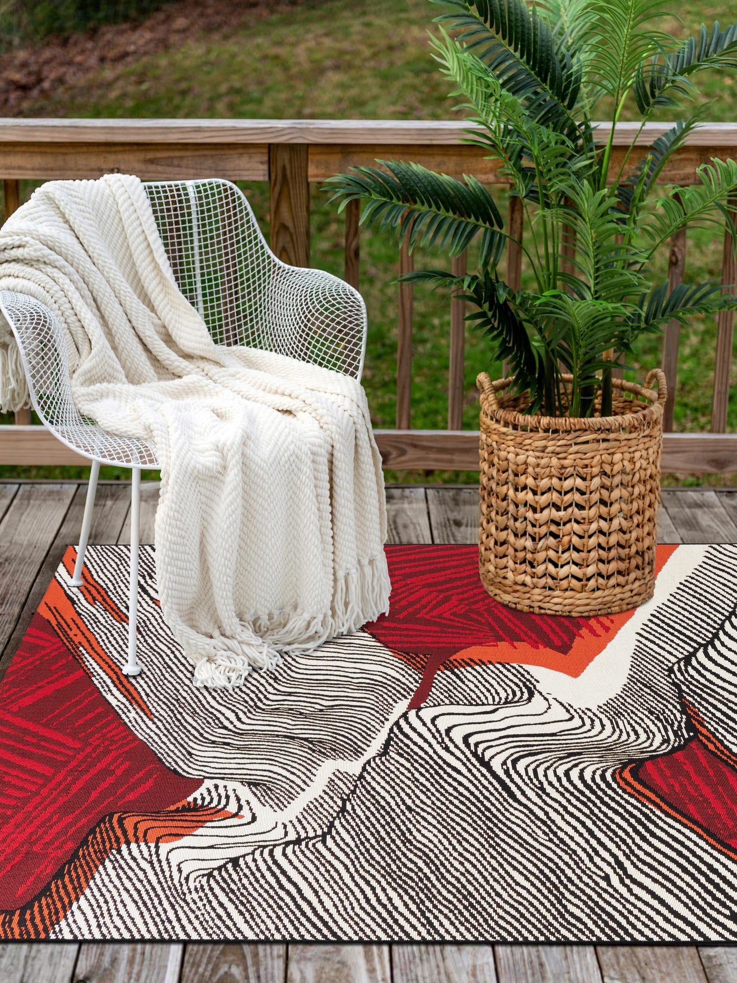 Red and Black 4' 1 x 6' 1 Outdoor Modern Rectangle Area Rug Weather Resistant for Patio, Deck, Terrace, Balcony, Porch 100% Polypropylene Modern Outside Carpet for Sale at Rug Engine