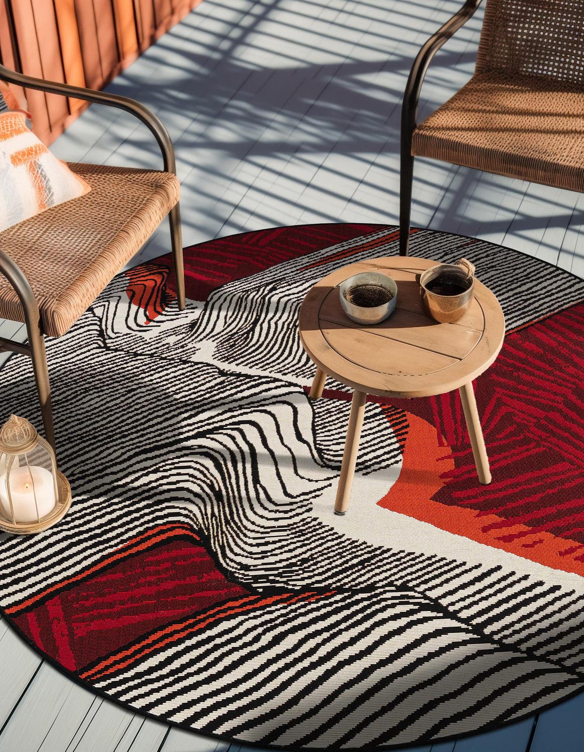 Red and Black 5' 1 x 5' 1 Outdoor Modern Round Area Rug Weather Resistant for Patio, Deck, Terrace, Balcony, Porch 100% Polypropylene Modern Outside Carpet for Sale at Rug Engine