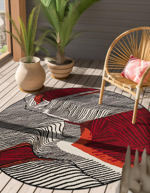 Red and Black 3' 1 x 3' 1 Outdoor Modern Round Rug