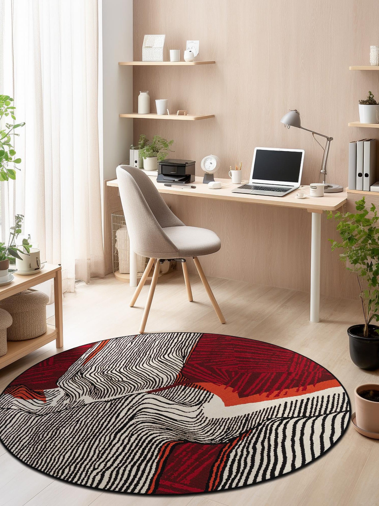 Red and Black 8' x 8' Outdoor Modern Round Area Rug Weather Resistant for Patio, Deck, Terrace, Balcony, Porch 100% Polypropylene Modern Outside Carpet for Sale at Rug Engine