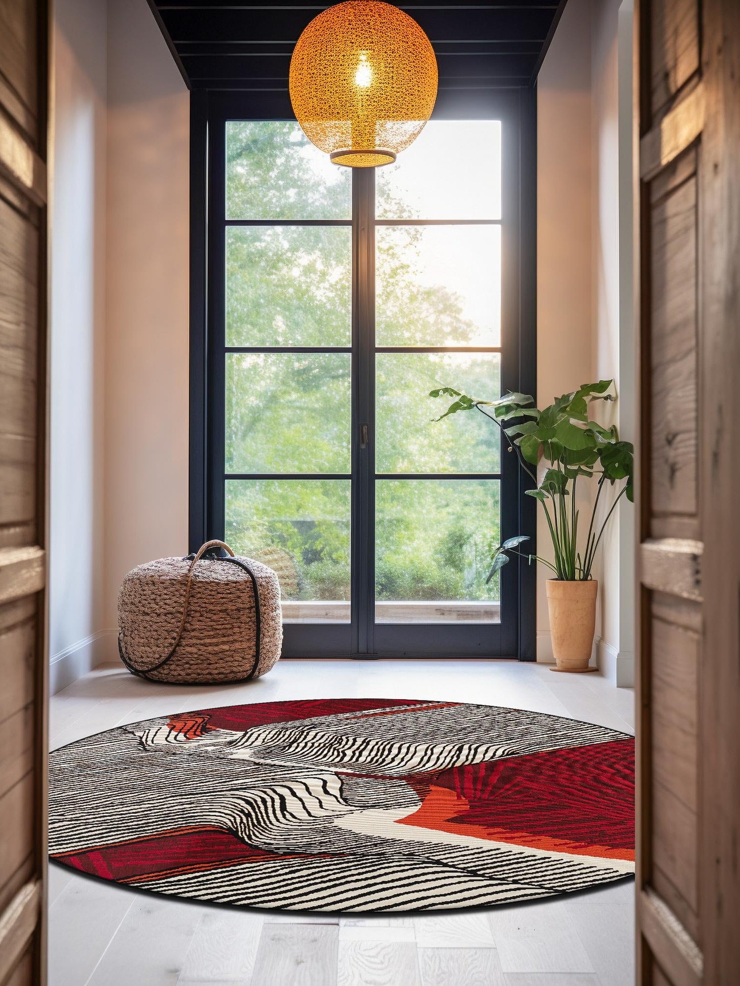 Red and Black 8' x 8' Outdoor Modern Round Area Rug Weather Resistant for Patio, Deck, Terrace, Balcony, Porch 100% Polypropylene Modern Outside Carpet for Sale at Rug Engine