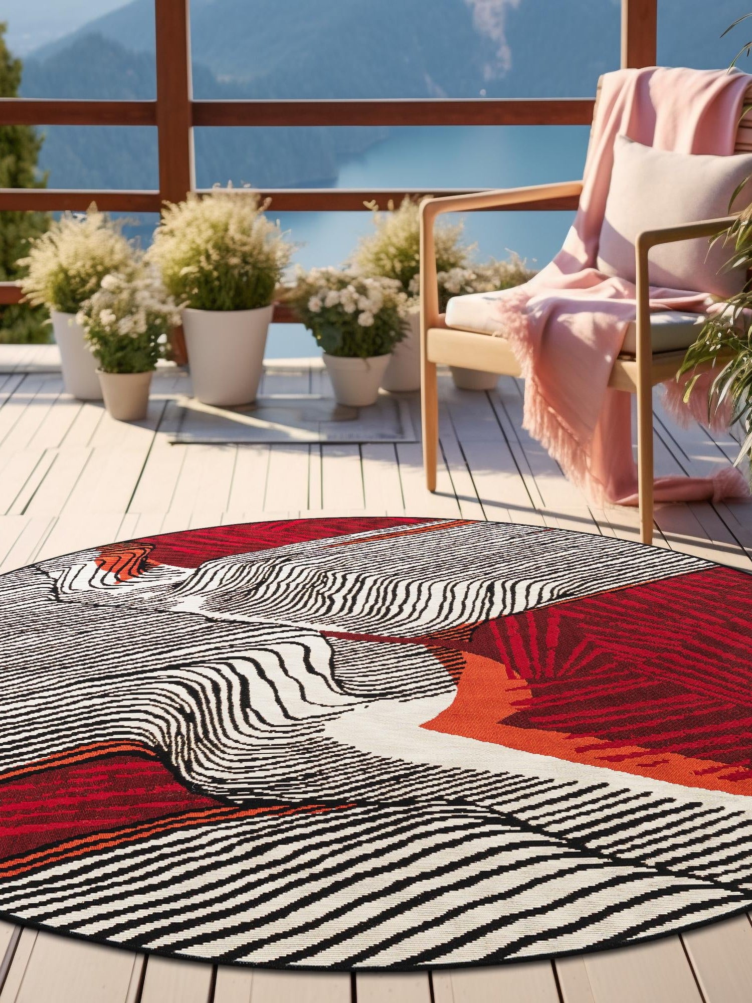 Red and Black 5' 1 x 5' 1 Outdoor Modern Round Area Rug Weather Resistant for Patio, Deck, Terrace, Balcony, Porch 100% Polypropylene Modern Outside Carpet for Sale at Rug Engine