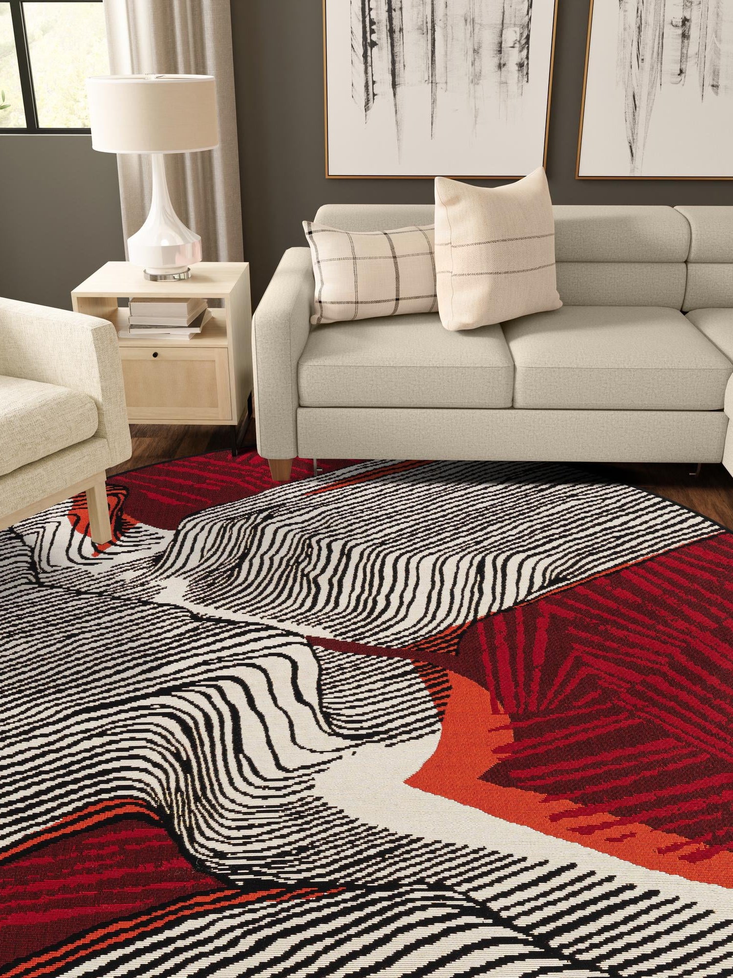 Red and Black 8' x 8' Outdoor Modern Round Area Rug Weather Resistant for Patio, Deck, Terrace, Balcony, Porch 100% Polypropylene Modern Outside Carpet for Sale at Rug Engine