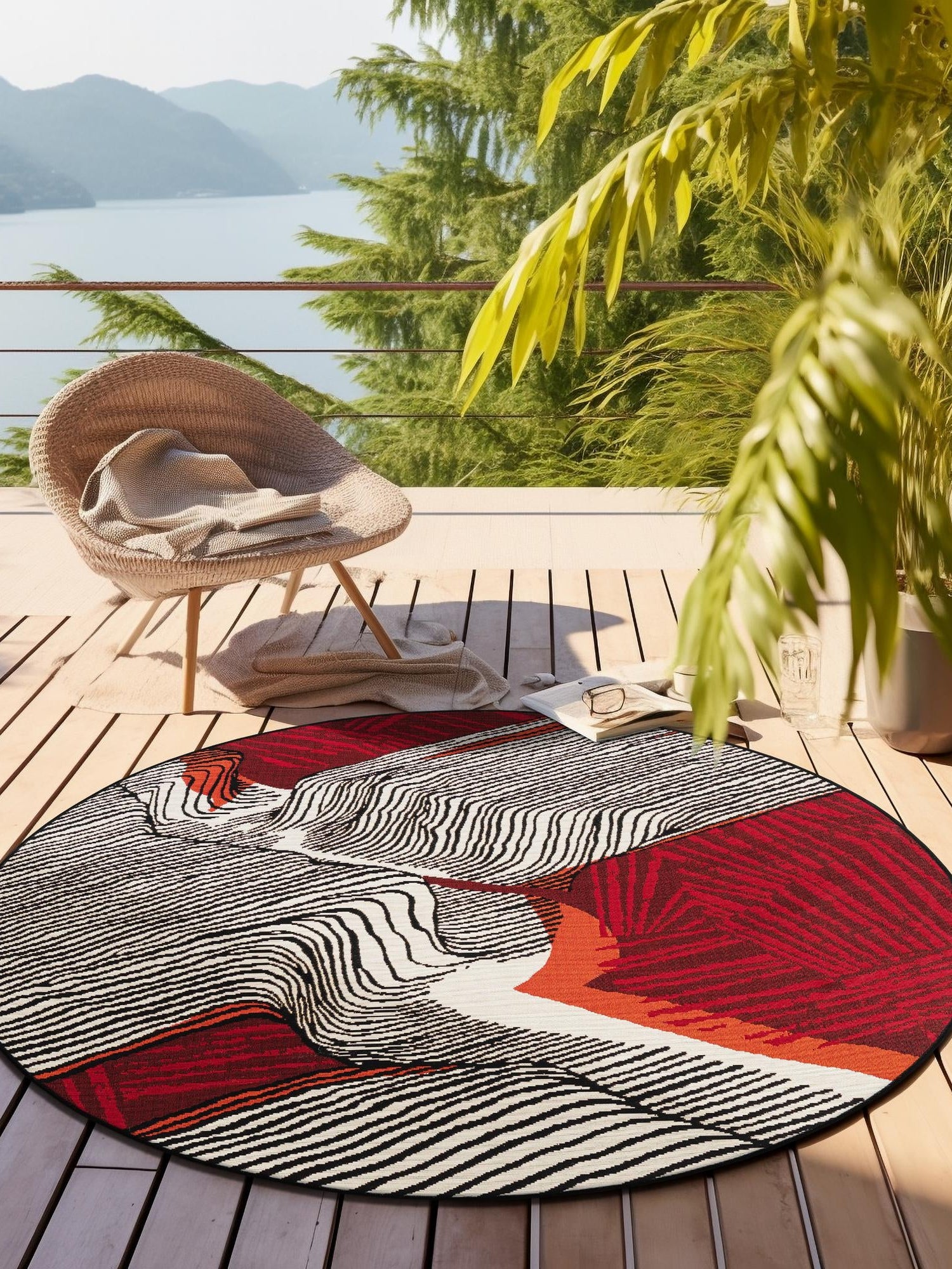 Red and Black 8' x 8' Outdoor Modern Round Area Rug Weather Resistant for Patio, Deck, Terrace, Balcony, Porch 100% Polypropylene Modern Outside Carpet for Sale at Rug Engine