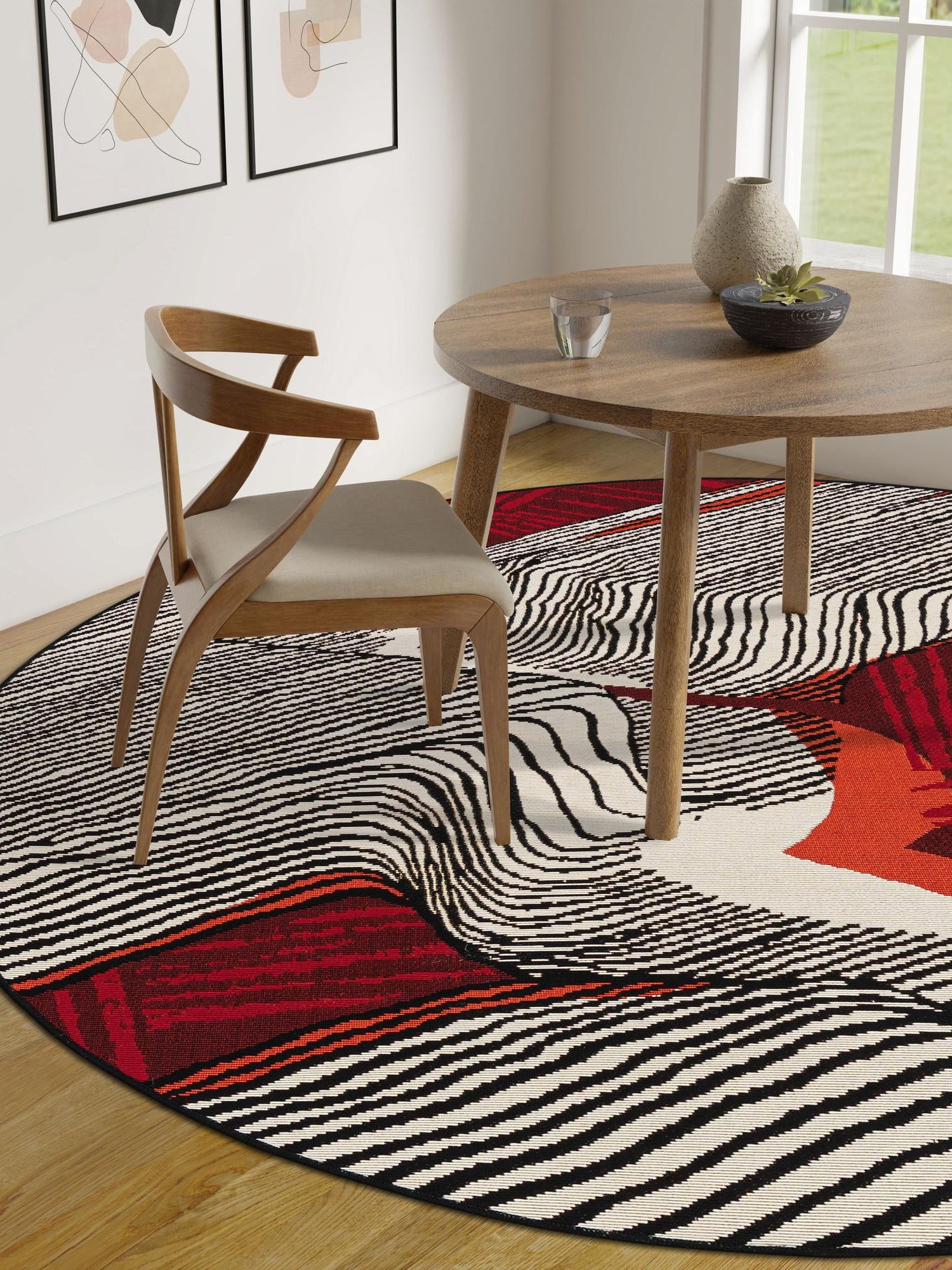 Red and Black 3' 1 x 3' 1 Outdoor Modern Round Area Rug Weather Resistant for Patio, Deck, Terrace, Balcony, Porch 100% Polypropylene Modern Outside Carpet for Sale at Rug Engine