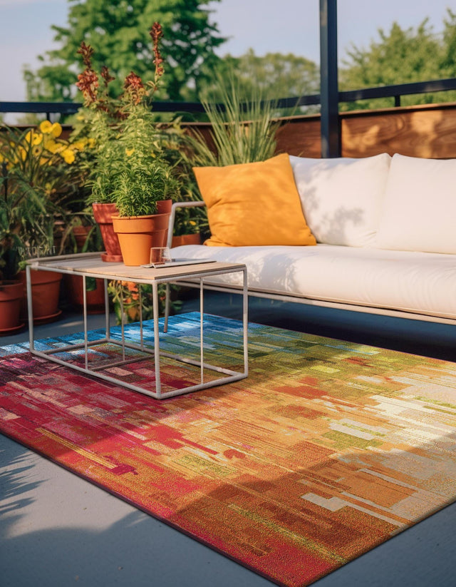 Multicolor 9' x 12' Outdoor Modern Rectangle Area Rug Weather Resistant for Patio, Deck, Terrace, Balcony, Porch 100% Polypropylene Modern Outside Carpet for Sale at Rug Engine