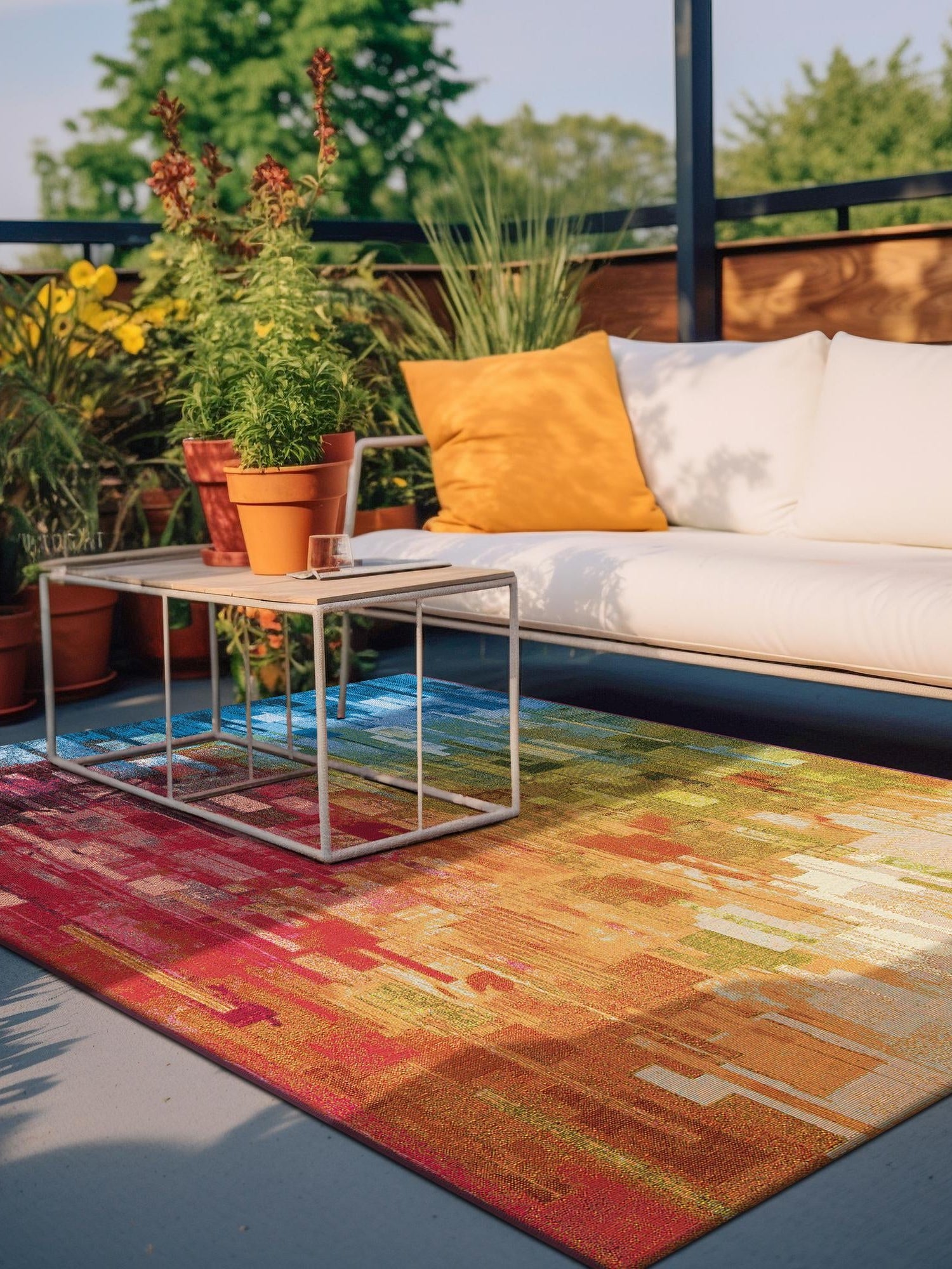 Multicolor 4' 1 x 6' 1 Outdoor Modern Rectangle Area Rug Weather Resistant for Patio, Deck, Terrace, Balcony, Porch 100% Polypropylene Modern Outside Carpet for Sale at Rug Engine