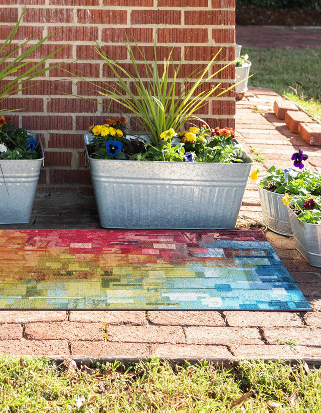 Multicolor 2' 7 x 12' Outdoor Modern Runner Area Rug Weather Resistant for Patio, Deck, Terrace, Balcony, Porch 100% Polypropylene Modern Outside Carpet for Sale at Rug Engine