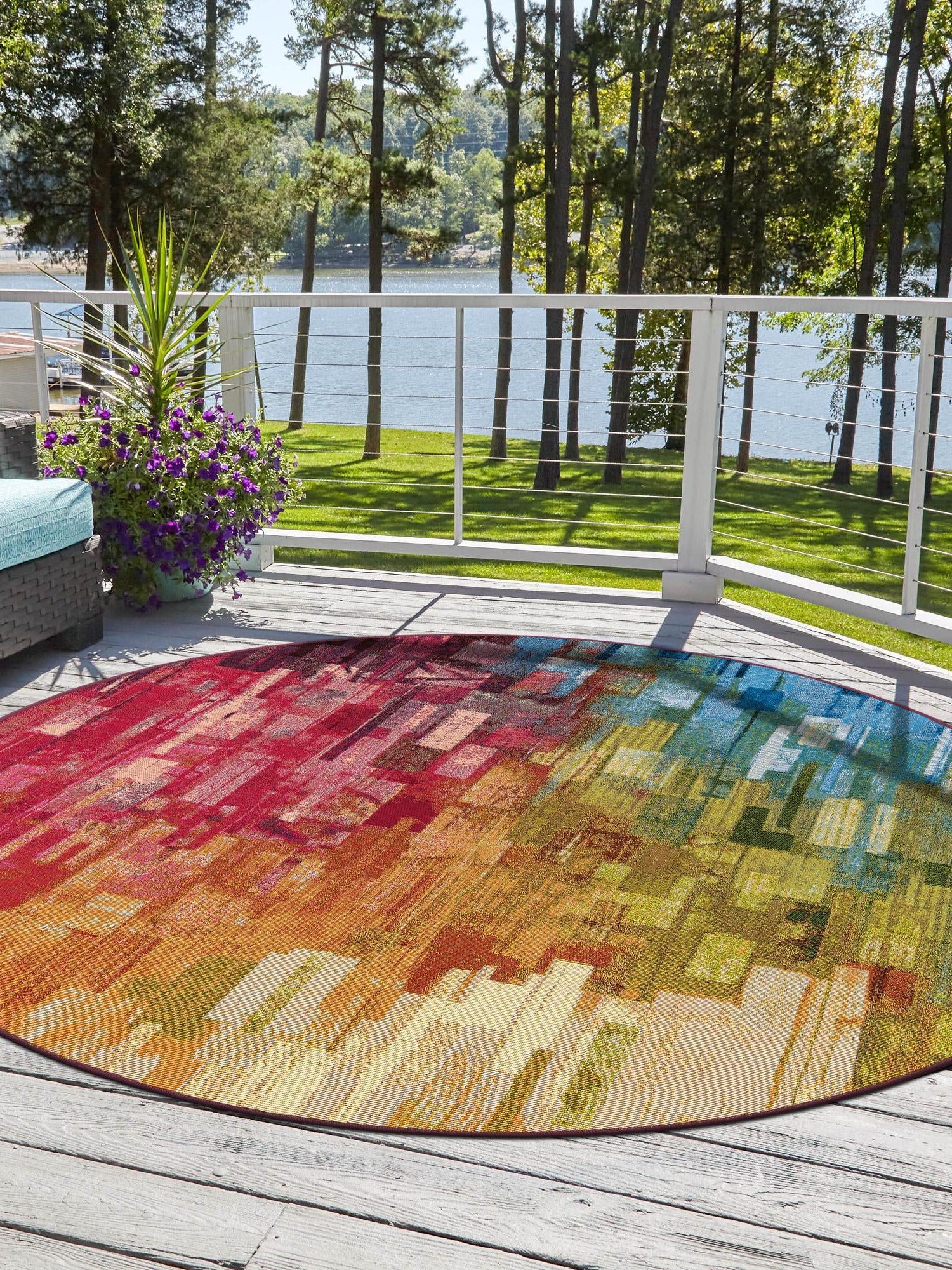 Multicolor 4' 1 x 4' 1 Outdoor Modern Round Area Rug Weather Resistant for Patio, Deck, Terrace, Balcony, Porch 100% Polypropylene Modern Outside Carpet for Sale at Rug Engine