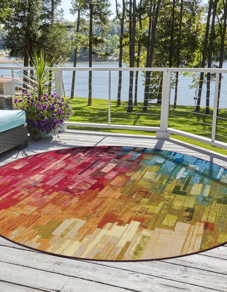 Multicolor 4' 1 x 4' 1 Outdoor Modern Round Area Rug Weather Resistant for Patio, Deck, Terrace, Balcony, Porch 100% Polypropylene Modern Outside Carpet for Sale at Rug Engine