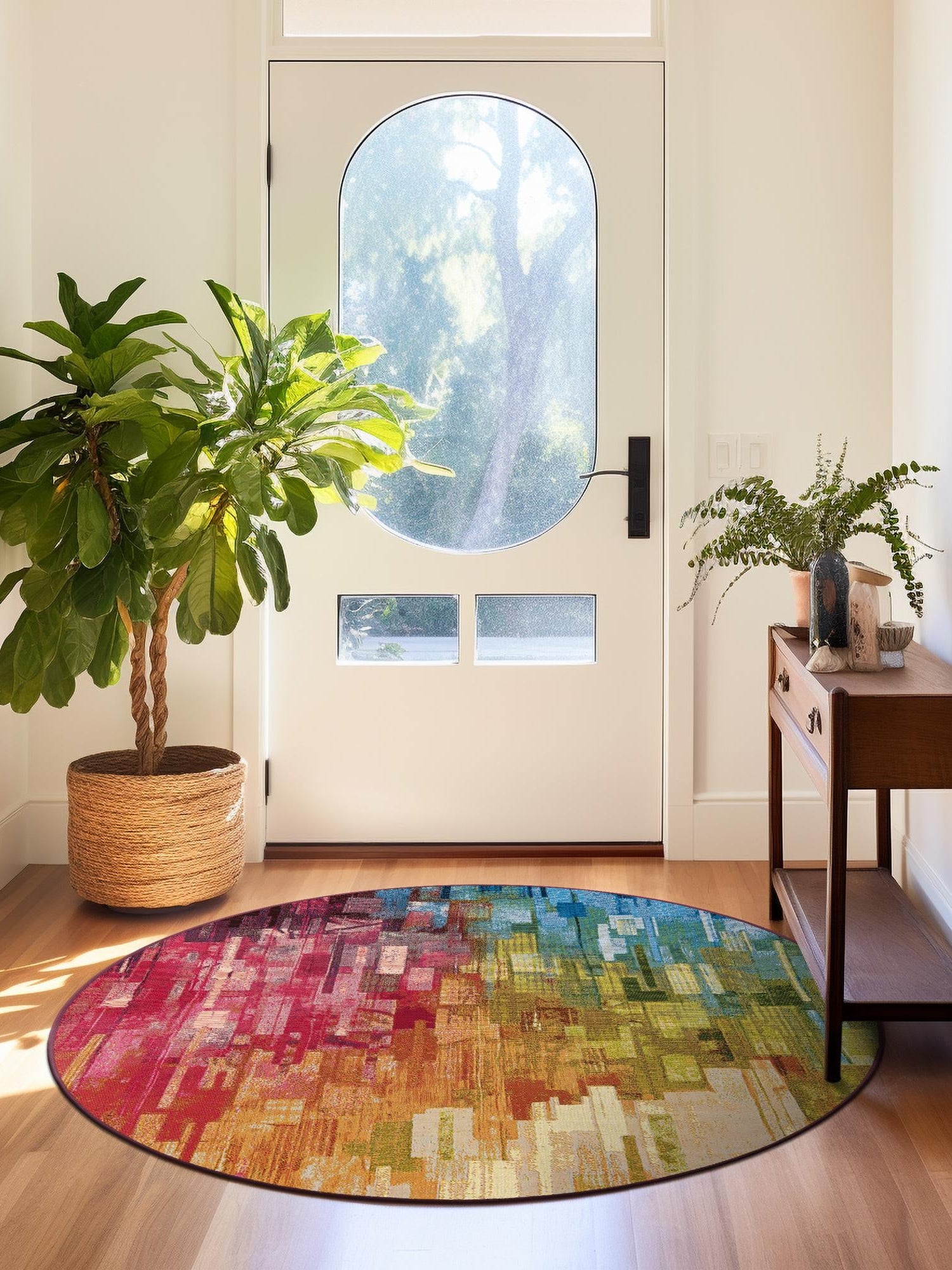 Multicolor 4' 1 x 4' 1 Outdoor Modern Round Area Rug Weather Resistant for Patio, Deck, Terrace, Balcony, Porch 100% Polypropylene Modern Outside Carpet for Sale at Rug Engine