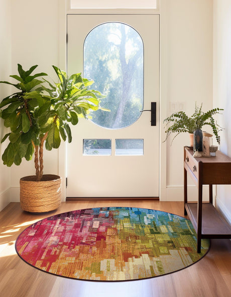 Multicolor 4' 1 x 4' 1 Outdoor Modern Round Area Rug Weather Resistant for Patio, Deck, Terrace, Balcony, Porch 100% Polypropylene Modern Outside Carpet for Sale at Rug Engine