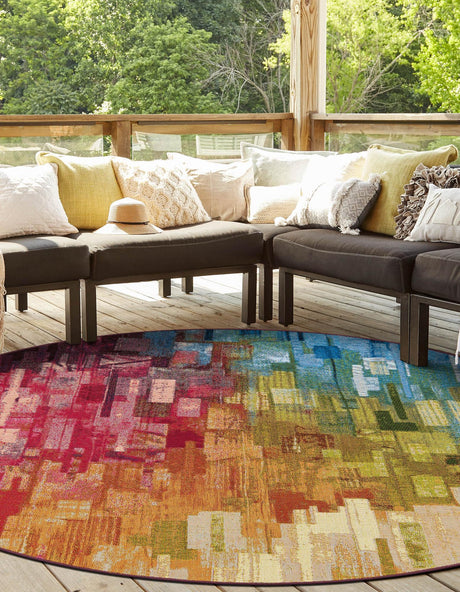 Multicolor 4' 1 x 4' 1 Outdoor Modern Round Area Rug Weather Resistant for Patio, Deck, Terrace, Balcony, Porch 100% Polypropylene Modern Outside Carpet for Sale at Rug Engine
