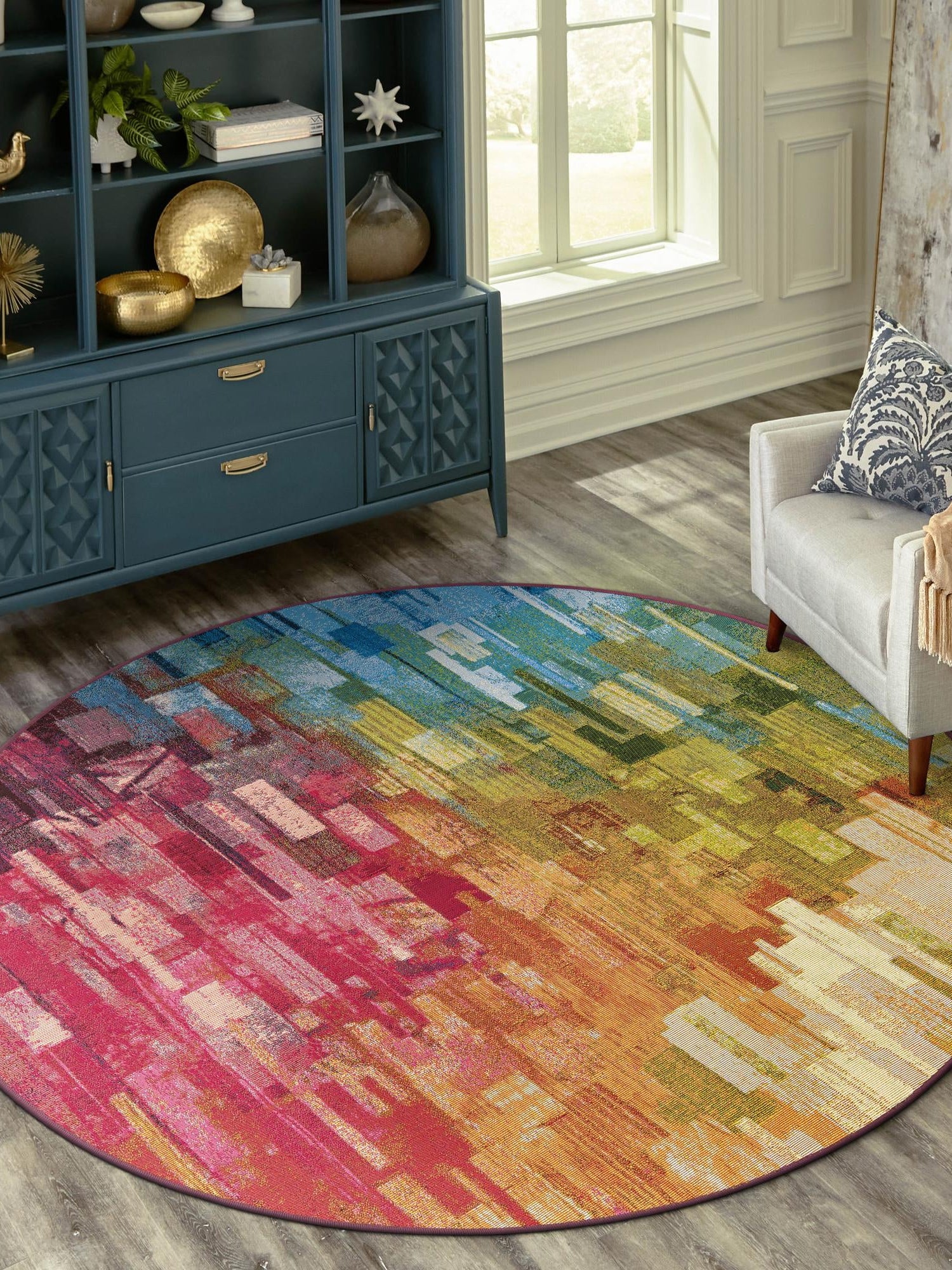 Multicolor 4' 1 x 4' 1 Outdoor Modern Round Area Rug Weather Resistant for Patio, Deck, Terrace, Balcony, Porch 100% Polypropylene Modern Outside Carpet for Sale at Rug Engine
