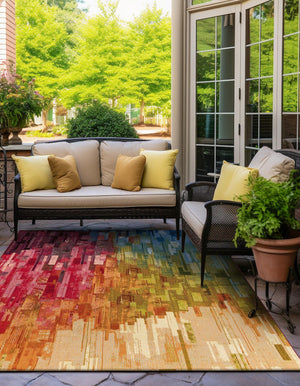 Multicolor 8' x 8' Outdoor Modern Square Area Rug Weather Resistant for Patio, Deck, Terrace, Balcony, Porch 100% Polypropylene Modern Outside Carpet for Sale at Rug Engine