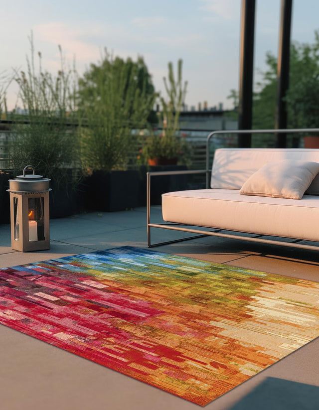Multicolor 8' x 8' Outdoor Modern Square Area Rug Weather Resistant for Patio, Deck, Terrace, Balcony, Porch 100% Polypropylene Modern Outside Carpet for Sale at Rug Engine