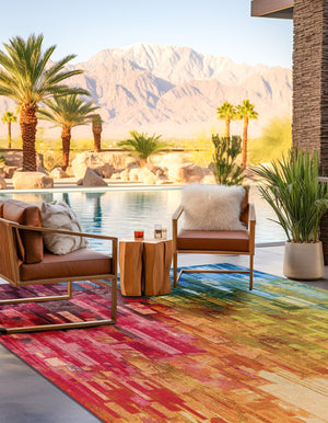 Multicolor 8' x 8' Outdoor Modern Square Area Rug Weather Resistant for Patio, Deck, Terrace, Balcony, Porch 100% Polypropylene Modern Outside Carpet for Sale at Rug Engine