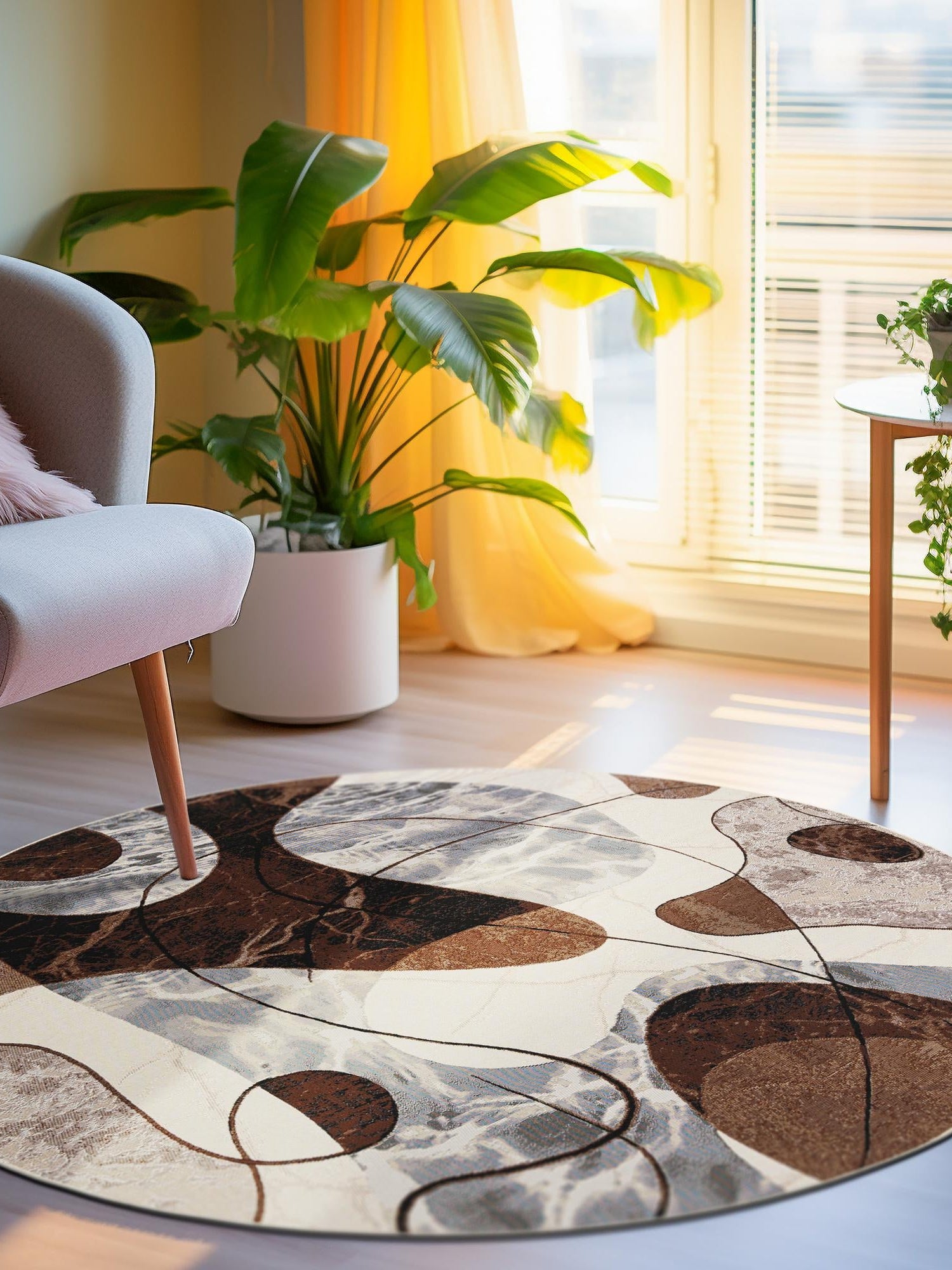Brown and White 4' 1 x 4' 1 Outdoor Modern Round Area Rug Weather Resistant for Patio, Deck, Terrace, Balcony, Porch 100% Polypropylene Modern Outside Carpet for Sale at Rug Engine