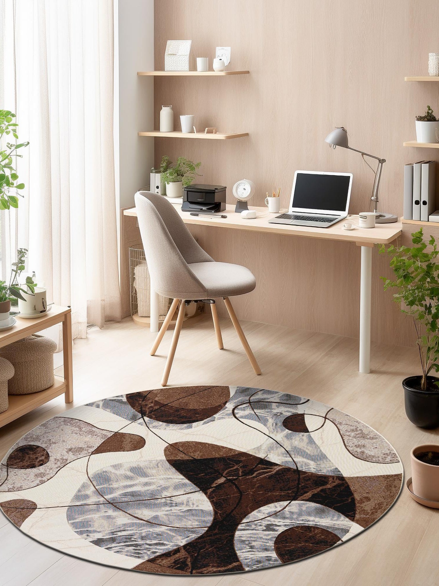 Brown and White 4' 1 x 4' 1 Outdoor Modern Round Area Rug Weather Resistant for Patio, Deck, Terrace, Balcony, Porch 100% Polypropylene Modern Outside Carpet for Sale at Rug Engine