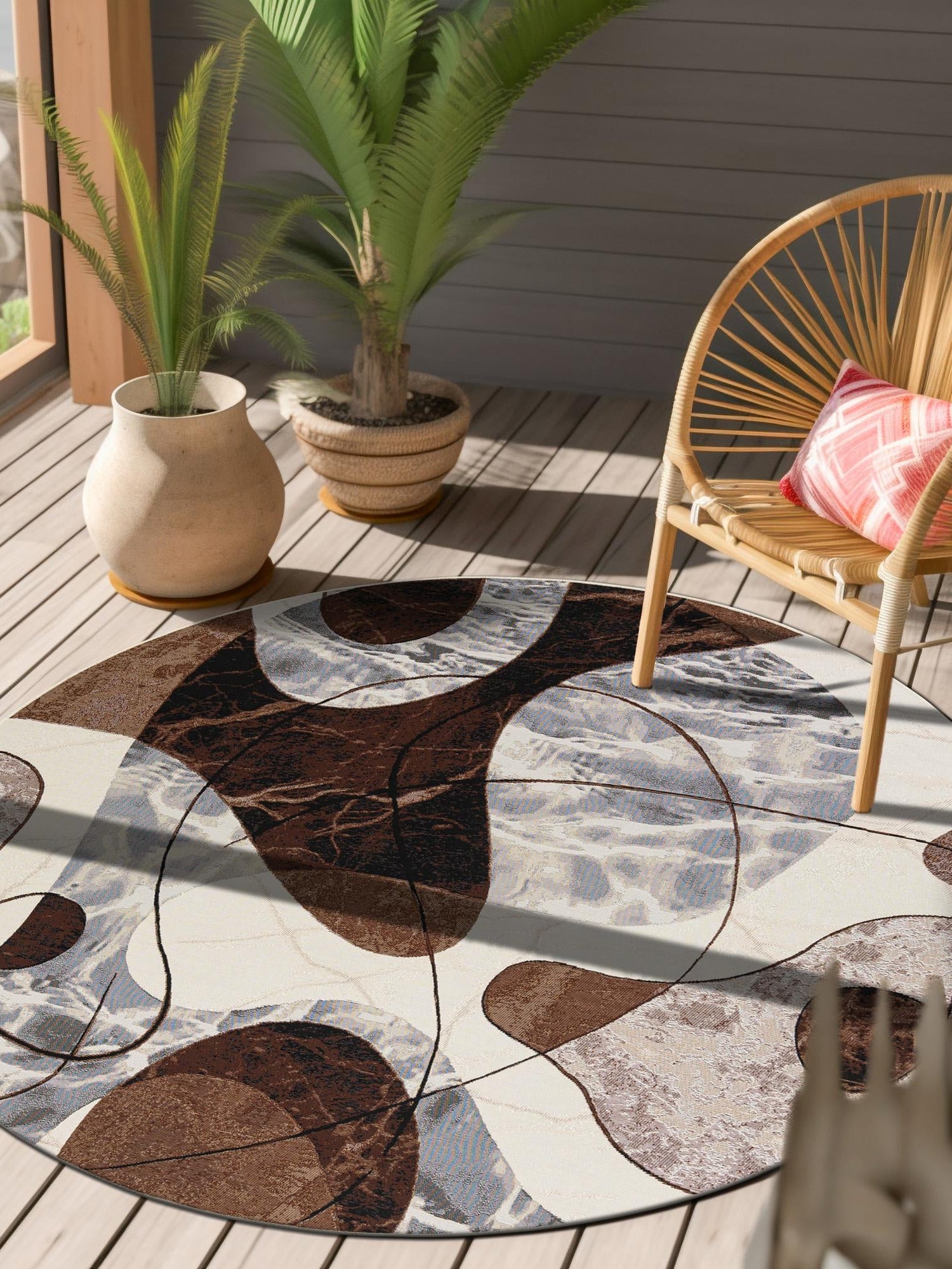 Brown and White 5' 1 x 5' 1 Outdoor Modern Round Area Rug Weather Resistant for Patio, Deck, Terrace, Balcony, Porch 100% Polypropylene Modern Outside Carpet for Sale at Rug Engine