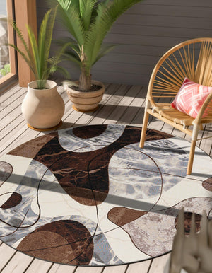 Brown and White 5' 1 x 5' 1 Outdoor Modern Round Area Rug Weather Resistant for Patio, Deck, Terrace, Balcony, Porch 100% Polypropylene Modern Outside Carpet for Sale at Rug Engine