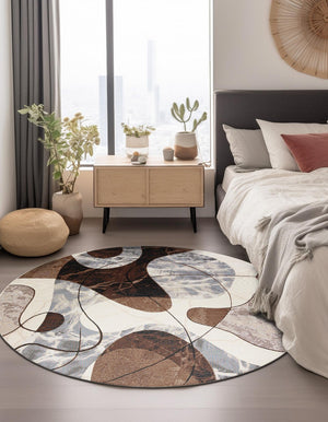 Brown and White 5' 1 x 5' 1 Outdoor Modern Round Area Rug Weather Resistant for Patio, Deck, Terrace, Balcony, Porch 100% Polypropylene Modern Outside Carpet for Sale at Rug Engine