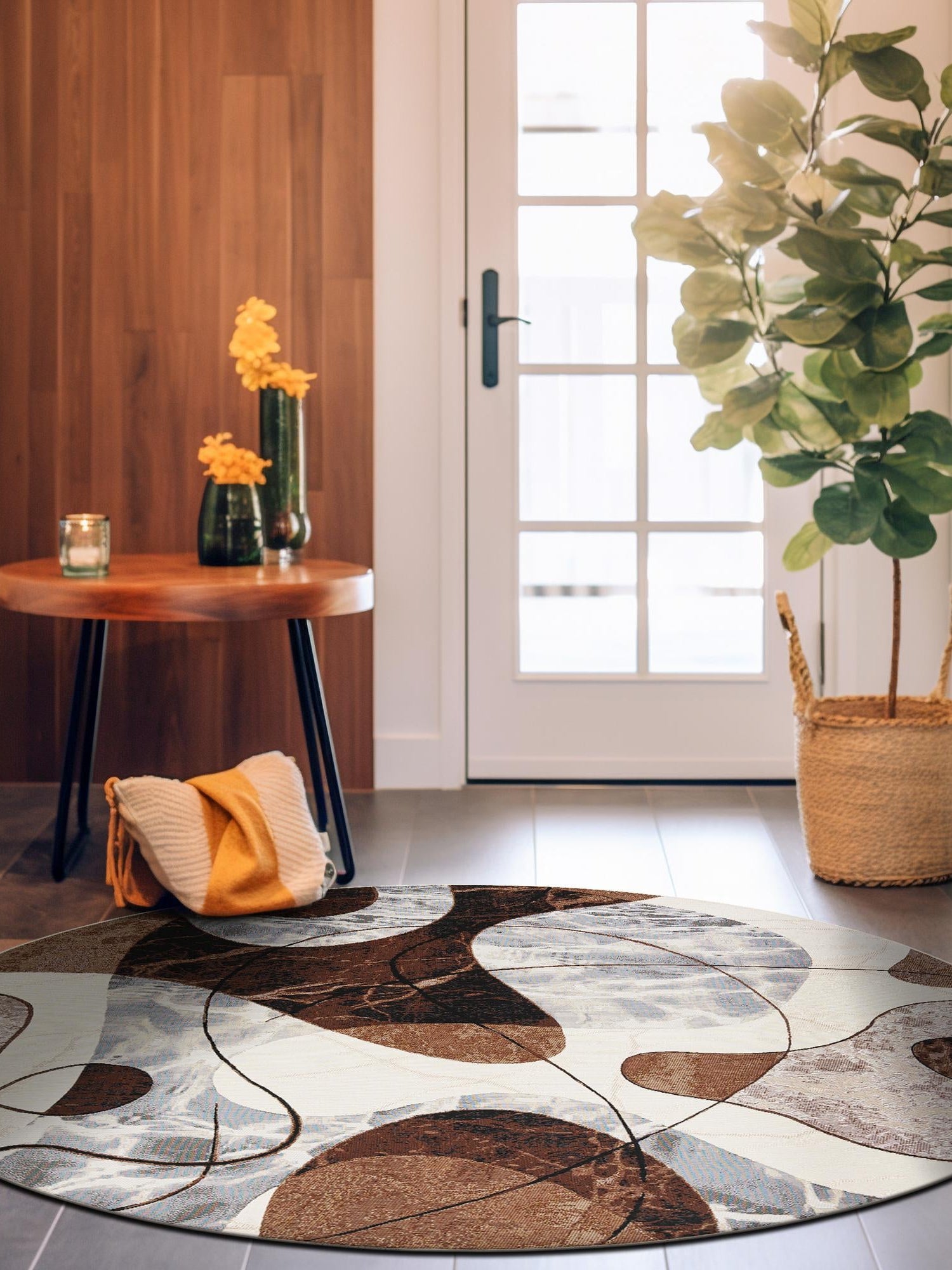 Brown and White 8' x 8' Outdoor Modern Round Area Rug Weather Resistant for Patio, Deck, Terrace, Balcony, Porch 100% Polypropylene Modern Outside Carpet for Sale at Rug Engine