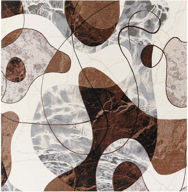 Brown and White 8' x 8' Outdoor Modern Square Rug