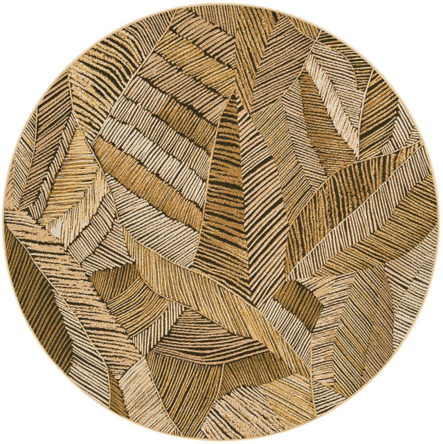 Brown and Beige 5' 1 x 5' 1 Outdoor Botanical Round Area Rug Weather Resistant for Patio, Deck, Terrace, Balcony, Porch Polypropylene Garden Floral Tropical Carpet for Sale at Rug Engine