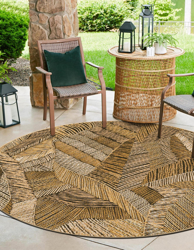 Brown and Beige 5' 1 x 5' 1 Outdoor Botanical Round Area Rug Weather Resistant for Patio, Deck, Terrace, Balcony, Porch Polypropylene Garden Floral Tropical Carpet for Sale at Rug Engine
