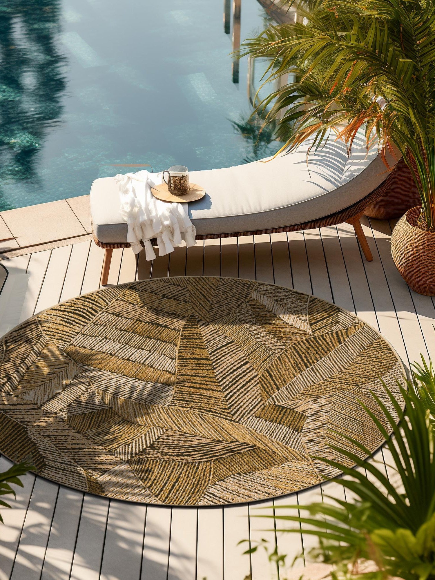 Brown and Beige 5' 1 x 5' 1 Outdoor Botanical Round Area Rug Weather Resistant for Patio, Deck, Terrace, Balcony, Porch Polypropylene Garden Floral Tropical Carpet for Sale at Rug Engine