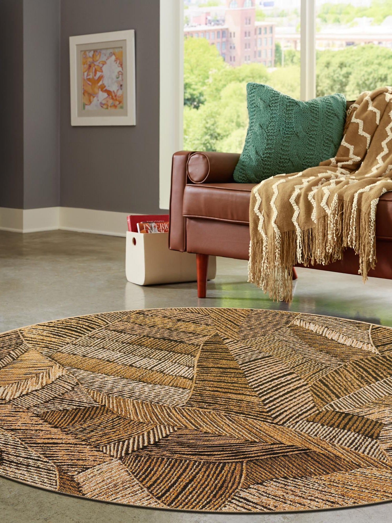 Brown and Beige 4' 1 x 4' 1 Outdoor Botanical Round Area Rug Weather Resistant for Patio, Deck, Terrace, Balcony, Porch