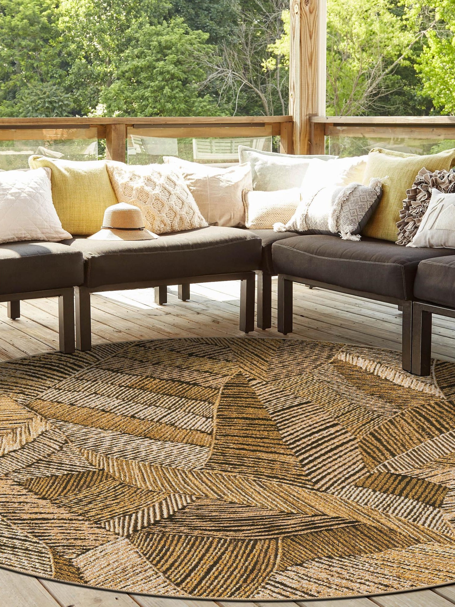 Brown and Beige 8' x 8' Outdoor Botanical Round Area Rug Weather Resistant for Patio, Deck, Terrace, Balcony, Porch Polypropylene Garden Floral Tropical Carpet for Sale at Rug Engine