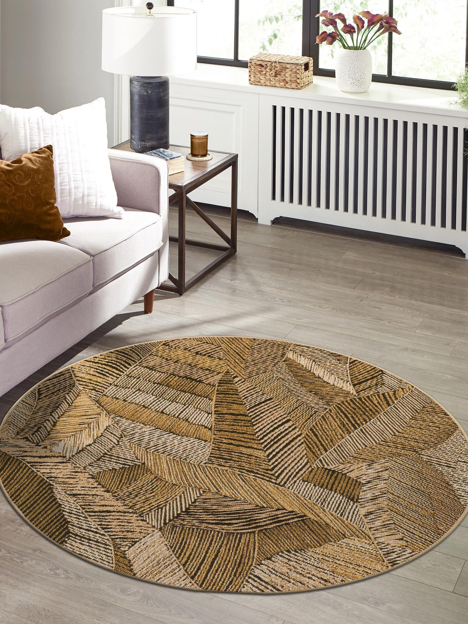 Brown and Beige 4' 1 x 4' 1 Outdoor Botanical Round Area Rug Weather Resistant for Patio, Deck, Terrace, Balcony, Porch