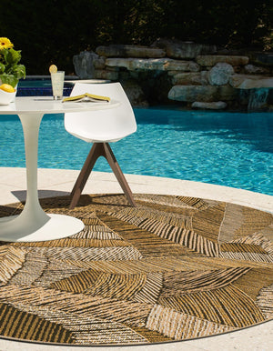 Brown and Beige 8' x 8' Outdoor Botanical Round Area Rug Weather Resistant for Patio, Deck, Terrace, Balcony, Porch Polypropylene Garden Floral Tropical Carpet for Sale at Rug Engine