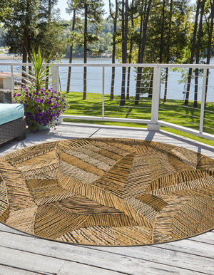 Brown and Beige 8' x 8' Outdoor Botanical Round Area Rug Weather Resistant for Patio, Deck, Terrace, Balcony, Porch Polypropylene Garden Floral Tropical Carpet for Sale at Rug Engine