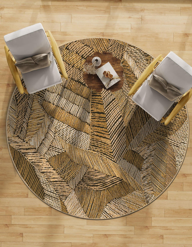 Brown and Beige 5' 1 x 5' 1 Outdoor Botanical Round Area Rug Weather Resistant for Patio, Deck, Terrace, Balcony, Porch Polypropylene Garden Floral Tropical Carpet for Sale at Rug Engine