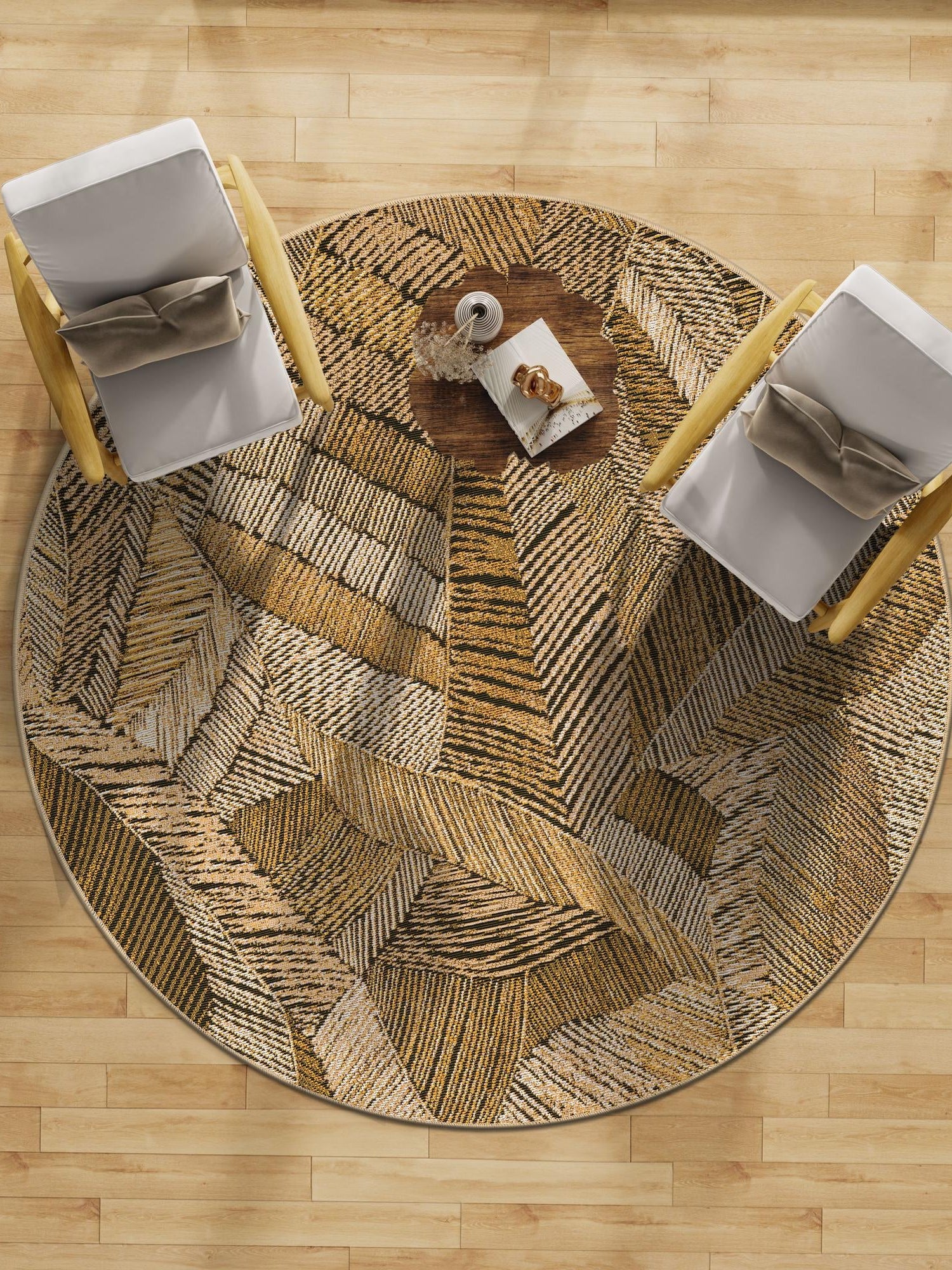 Brown and Beige 3' 1 x 3' 1 Outdoor Botanical Round Area Rug Weather Resistant for Patio, Deck, Terrace, Balcony, Porch Polypropylene Garden Floral Tropical Carpet for Sale at Rug Engine